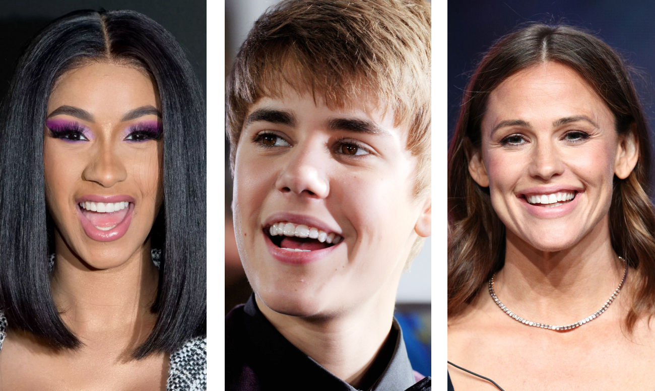 Фото улыбающихся голливудских звезд: Карди Би, Джастин Бибер, Дженнифер Гарнер.