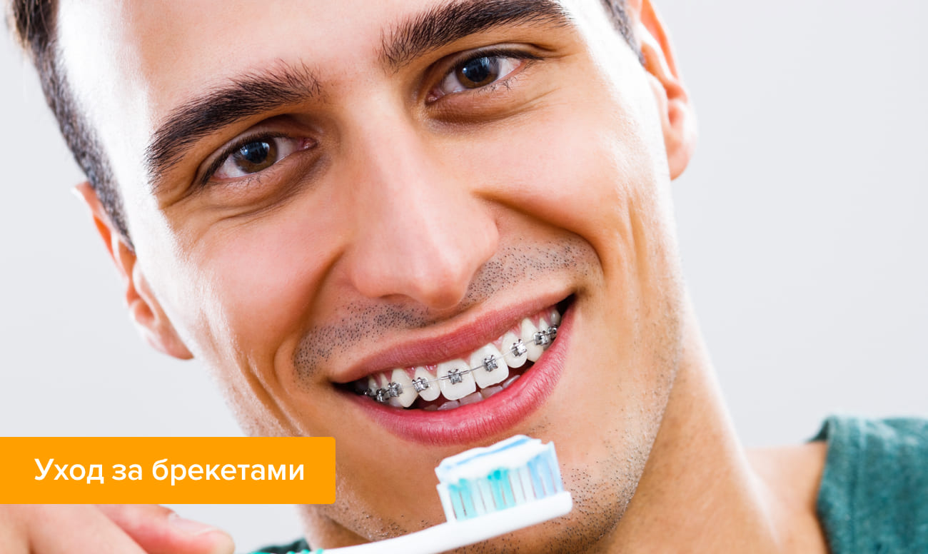 Фото мужчины в брекетах в процессе чистки зубов