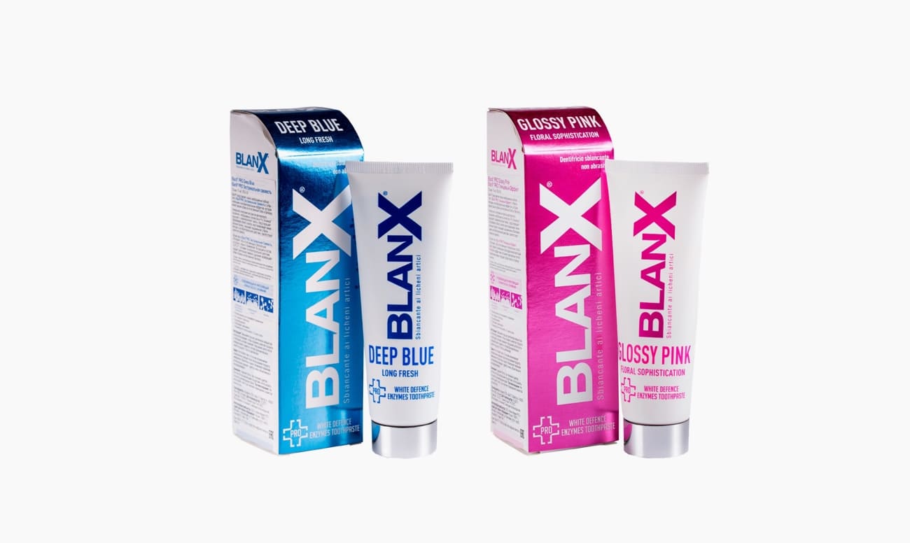 Фото отбеливающих зубных паст BlanX Pro Deep Blue и BlanX Pro Glossy Pink